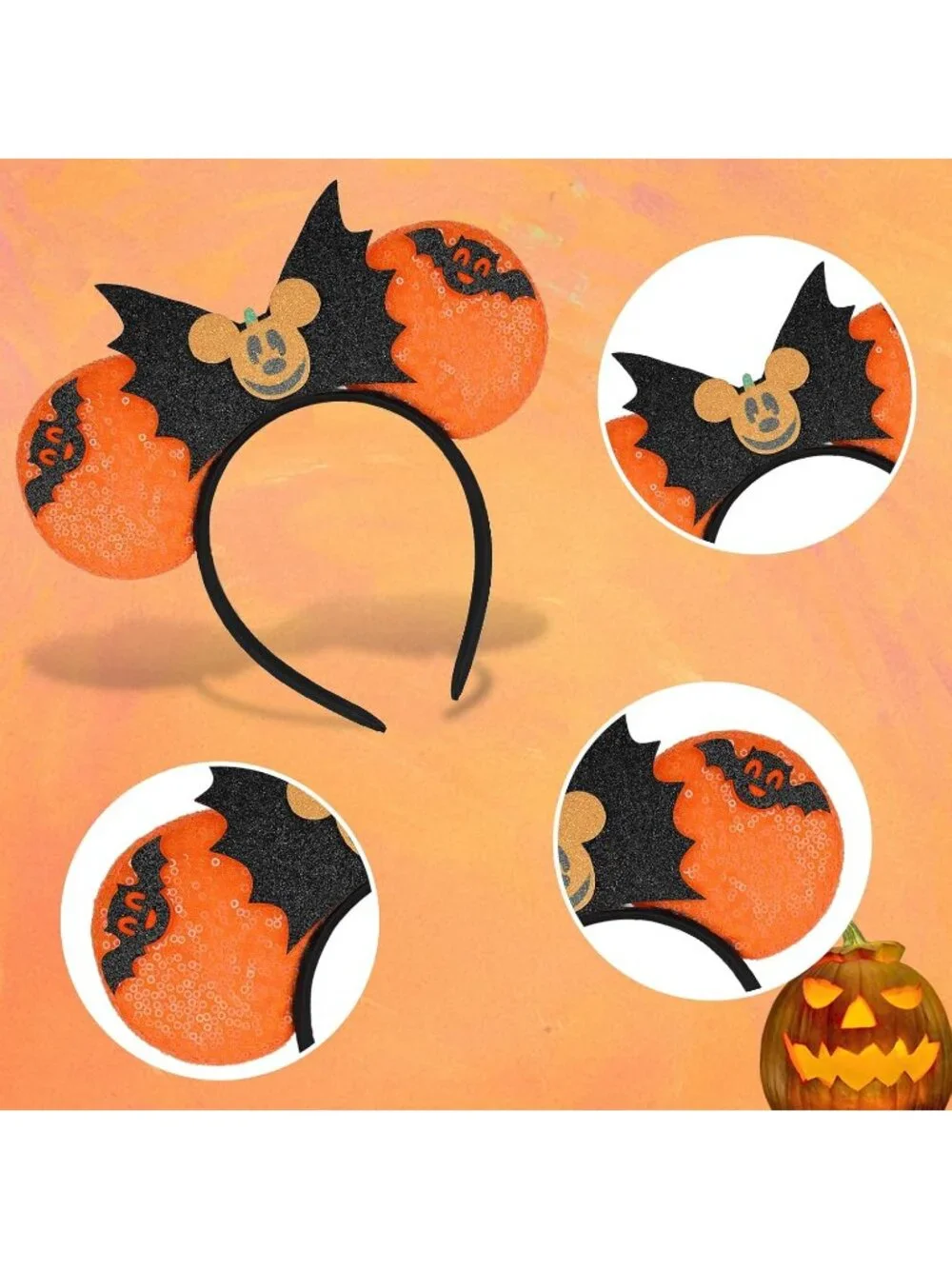 Women orange black Sequin Handmade Mickey Mouse Headband 2 Pieces